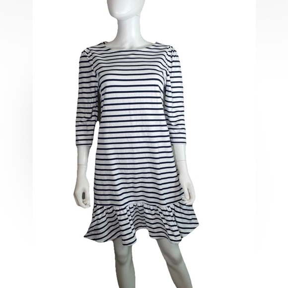 Tuckernuck Sail To Sable NAUTICAL Navy Striped French Terry Dress ruffle hem S - Picture 1 of 16